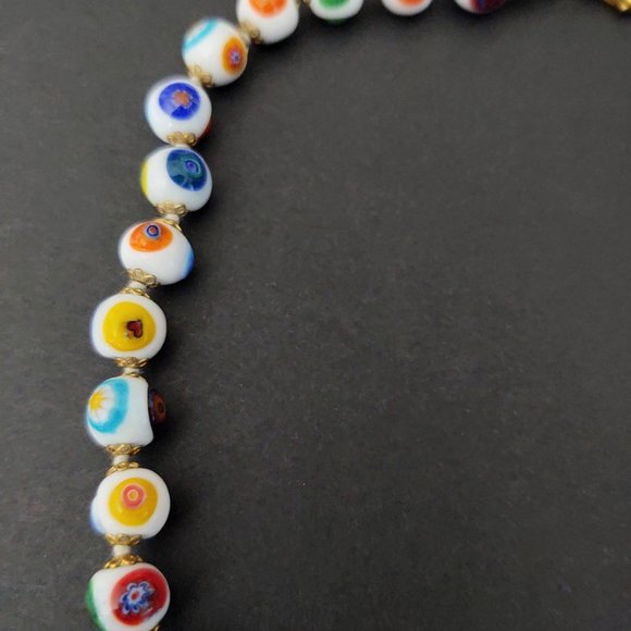 White glass beaded necklace w/multi color designs - Picture 9 of 15